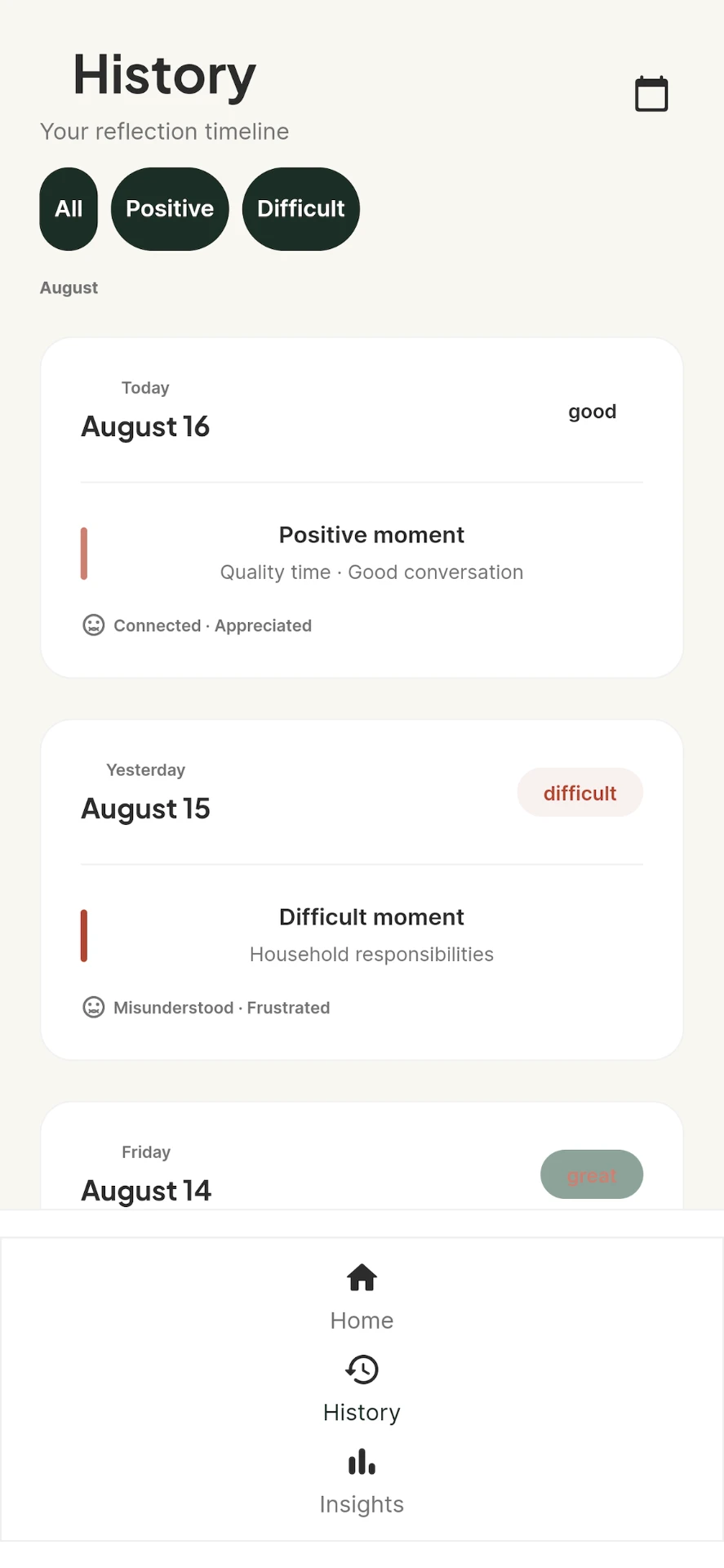 Relate app history screen